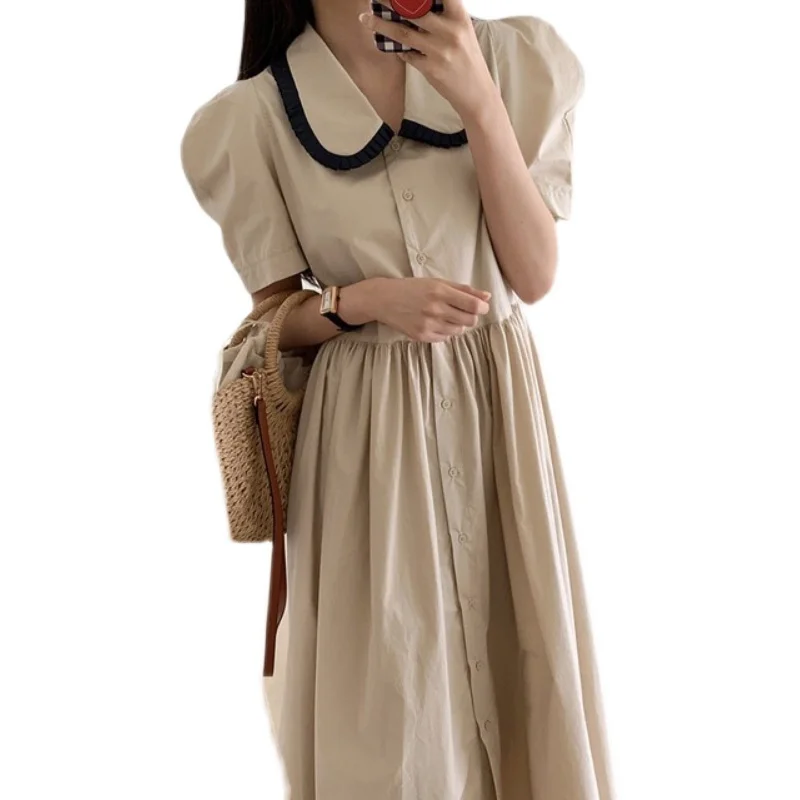 

Korean Ins Retro College Style Contrast-Color Doll Collar Cute Youth-Looking Slimming Versatile Loose Midi Dress
