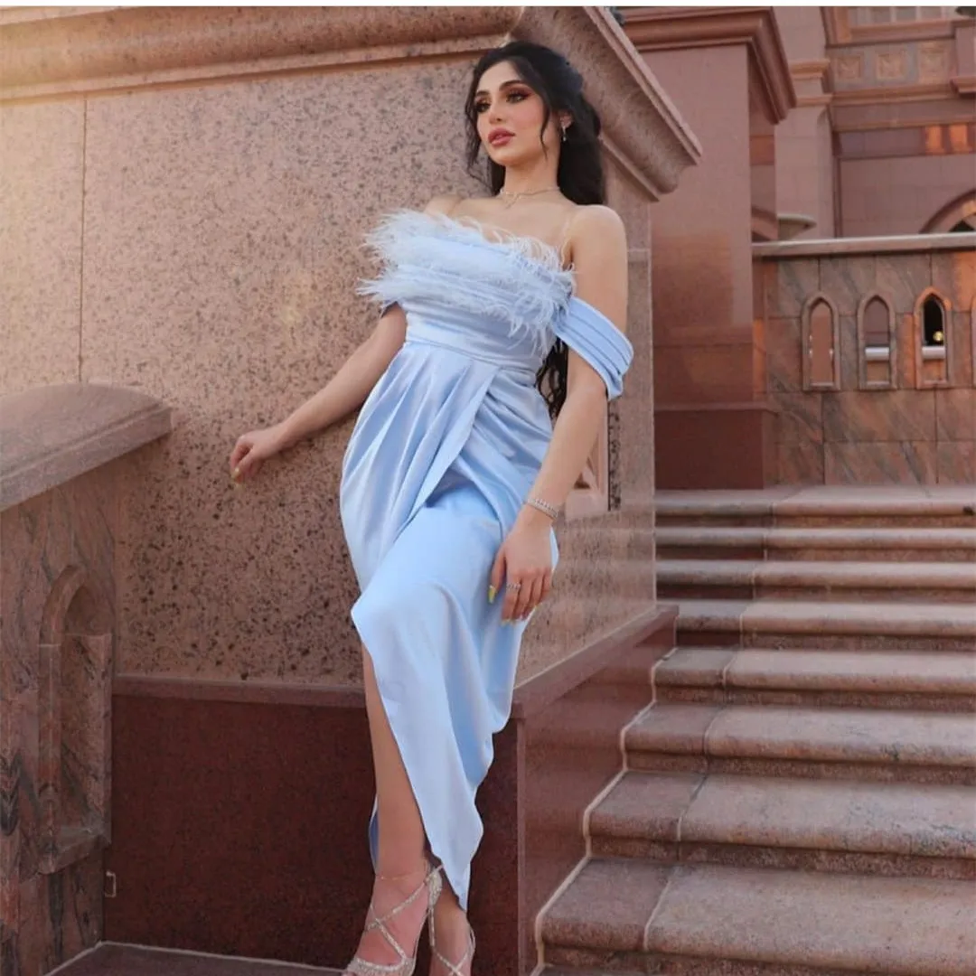 

Vintage Long Sky Blue Muslim Evening Dresses Mermaid Satin Pleated Slit Floor Length Robe De Mariée Party Gowns For Women