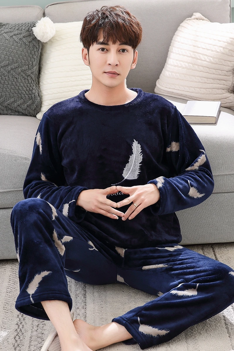 

Men's Pajamas Winter Mens Flannel Pajama Sets O-Neck Long Sleeve Pyjamas Men Sleepwear Male Thick Warm Coral Fleece Pajamas 146#