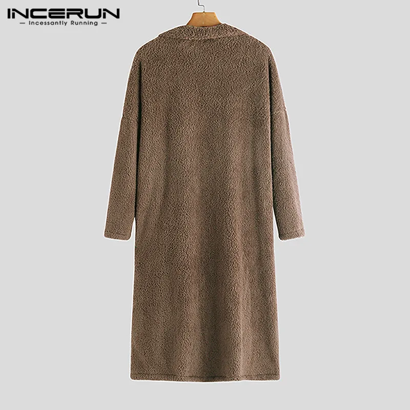 INCERUN, зимний модный мужской Тренч, верхняя одежда, однотонный, искусственный флис, длинный кардиган, длинный рукав, уличная одежда, пальто, пушистые куртки, пальто
