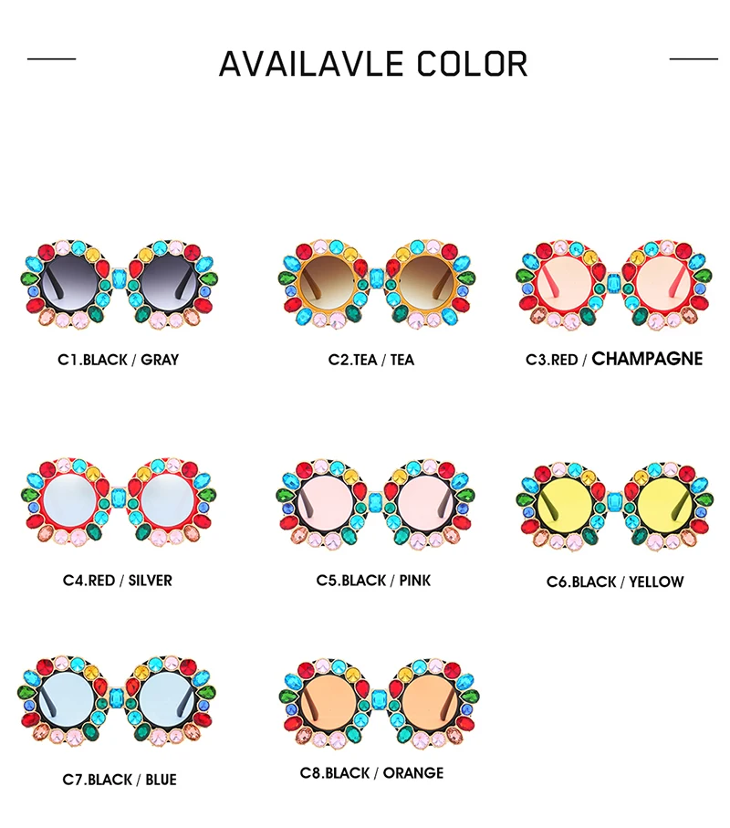 FU E Gorgeous Women Sunglasses Crystal Diamond Handmade Round Eyewear UV400 Mirror Lens Flower Design Summer Sun Glasses