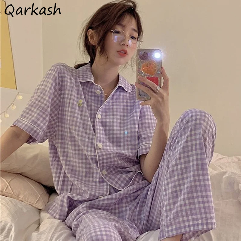 

Пижамный комплект Женский Летний в клетку Ulzzang, Повседневная дышащая популярная женская Милая домашняя одежда в клетку с отложным воротник...