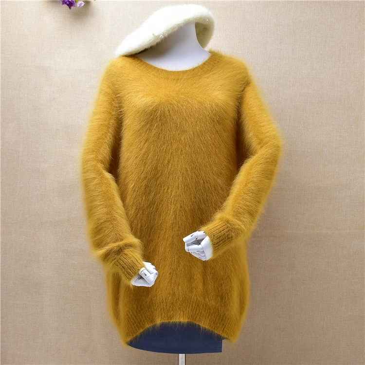 

Top mujer woman fashion o-neck fuzzy fluffy mink cashmere knitted long sleeved loose pullover angora rabbit hair knitted jumper