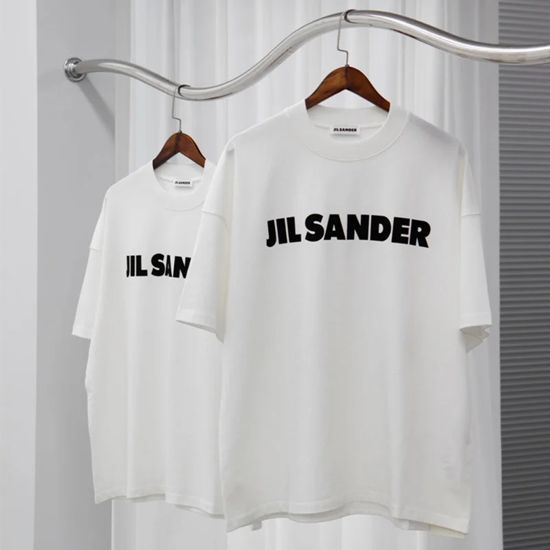 

Новинка 2022, бежевая, белая утепленная футболка JIL SANDER с короткими рукавами, европейская свободная парная футболка, толстый топ с буквенным п...