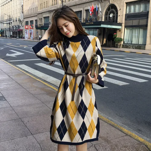 Женское вязаное платье-свитер средней длины элегантное винтажное платье в