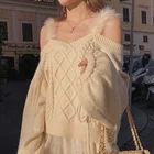 Милый свитер с открытыми плечами, Женский пуловер, сезон осень-зима, вязаные свитеры на завязках с пышными рукавами, пушистые свитеры на тонких лямках, MY2090