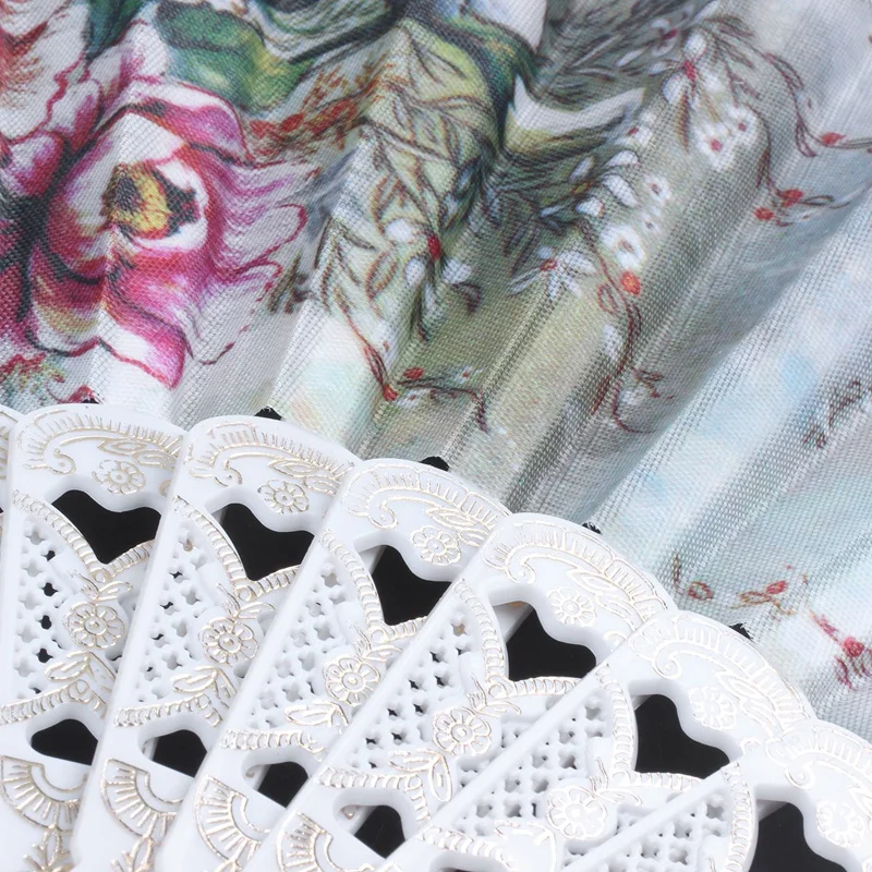 

Hollow Out Rib Peony Print Lace Trim Folding Fabric Hand Fan Colored