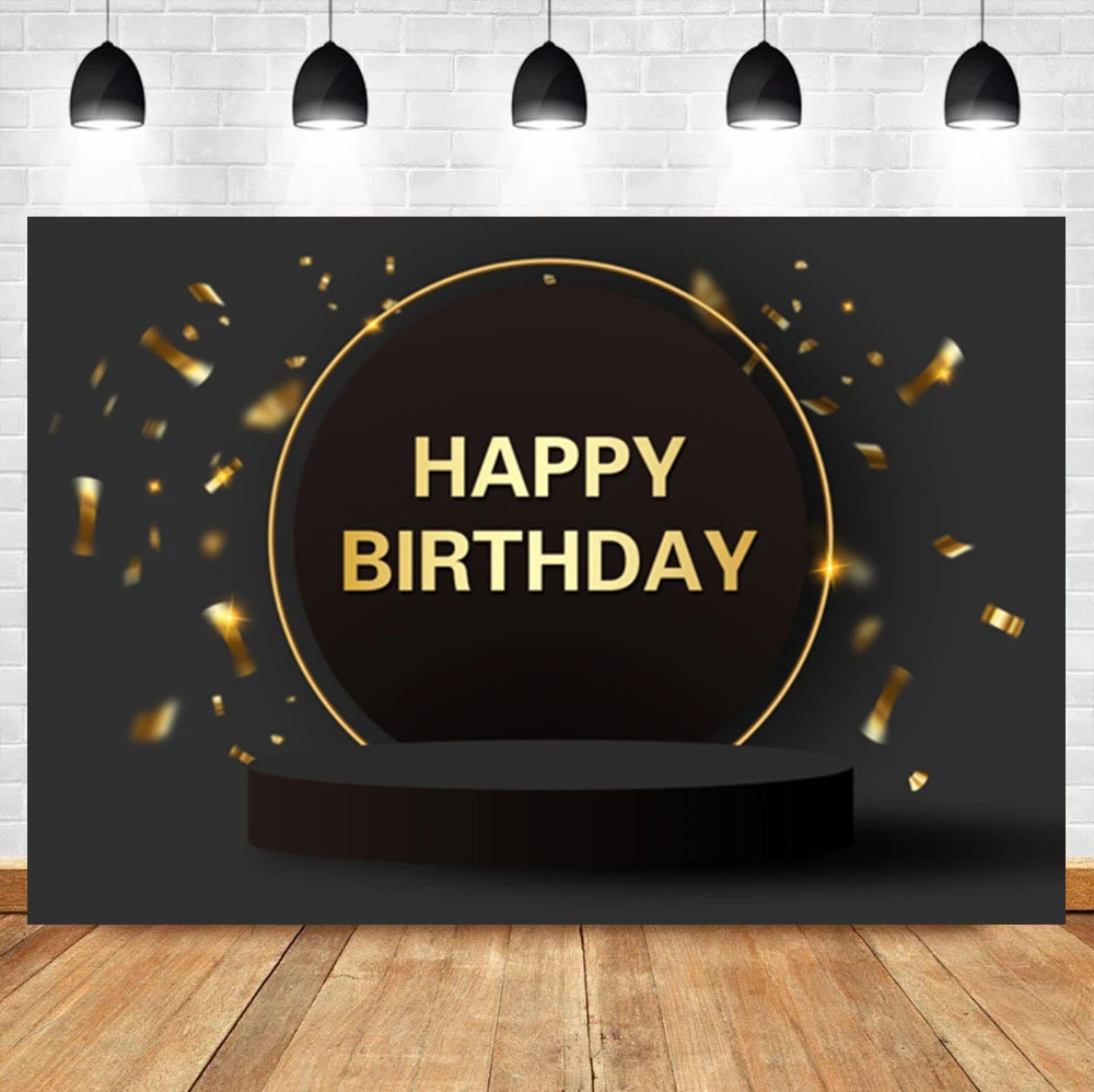 

Laeacco Golden Happy Birthday Party Portrait Custom Black Backdrop Photographic Photo Background For Photo Studio