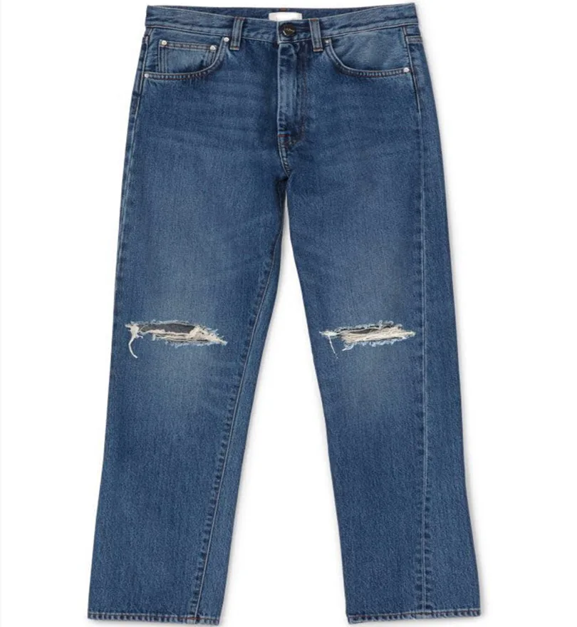 

Women Pants Classic Asymmetric Twisted Knee Hole Distressed Old Jeans Two-color Spot