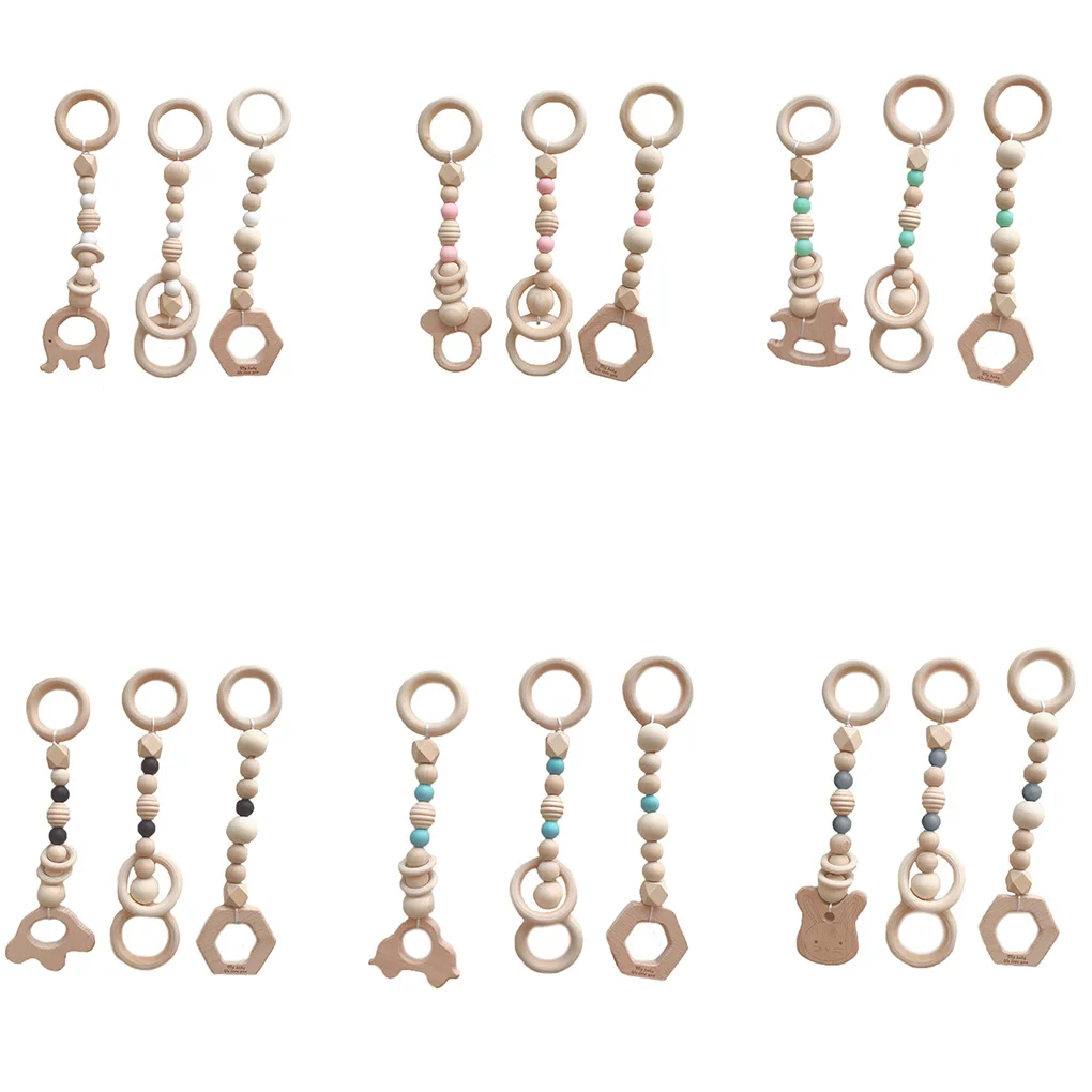 

New 3PCS/Set Baby Play Gym Silicone Beads Wood Teether Toddler Hanger Rattle Wood Ring Teething Toys Newborn Baby Pram Toy