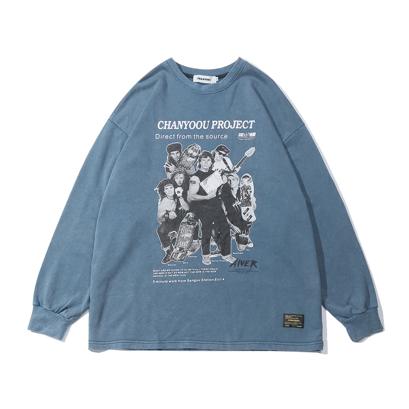 Мужские футболки с длинным рукавом винтажный принт персонажами Харадзюку