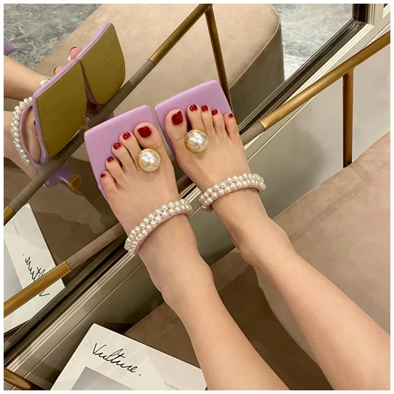 

Brand Women Slippers Fashion String Bead Low Heel Shoes Elegant Ladies Sandals Square Toe Outdoor Slides Party Summer Pumps