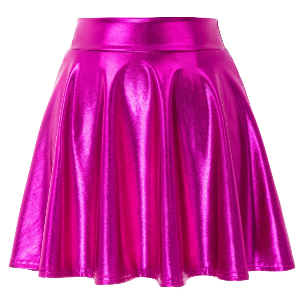

Kate Kasin Women Skirts Rose/Silver Sweet Retro Solid-Color Imitated Leather Shiny Skirt Mini Skater Above Knee Skirts Clothes