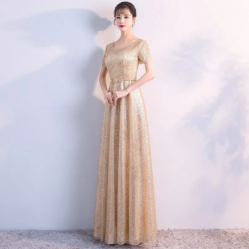 Вечернее платье с блестками круглым вырезом и коротким рукавом | Свадьбы