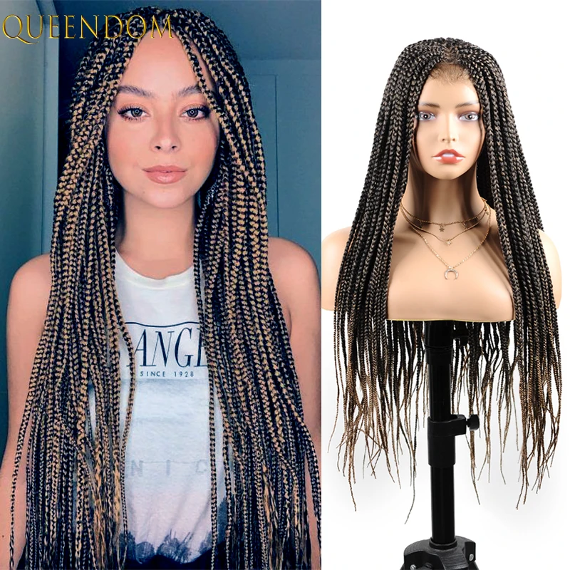 30  Long Box Braids Lace Front Wigs Natural Synthetic Braided Lace Wig for Black Women Ombre Brown Fiber Braid Hair Wig Perruque