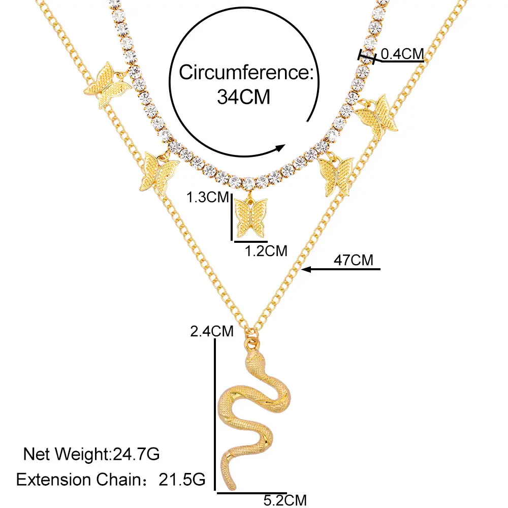 

Vintage Multi-layer Gold Color Snake Pendant Necklace For Women Bling Butterfly Crystal Tennis Chain Necklace Statement Jewelry
