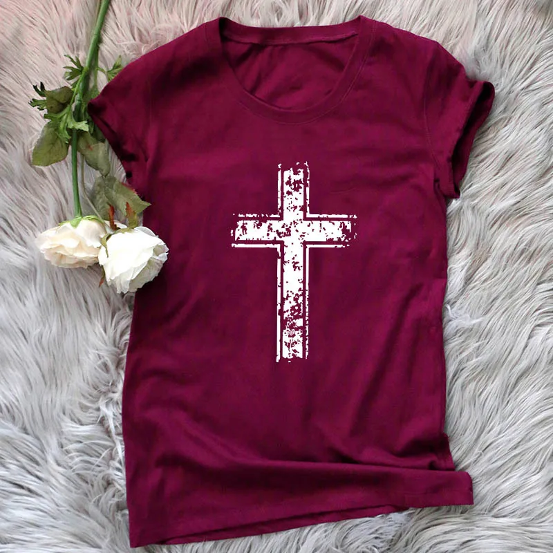 Новые модные Для женщин футболки летние шорты рукавом Винтаж футболка Jesus христианский крест печати Топы Женская футболка плюс Размеры