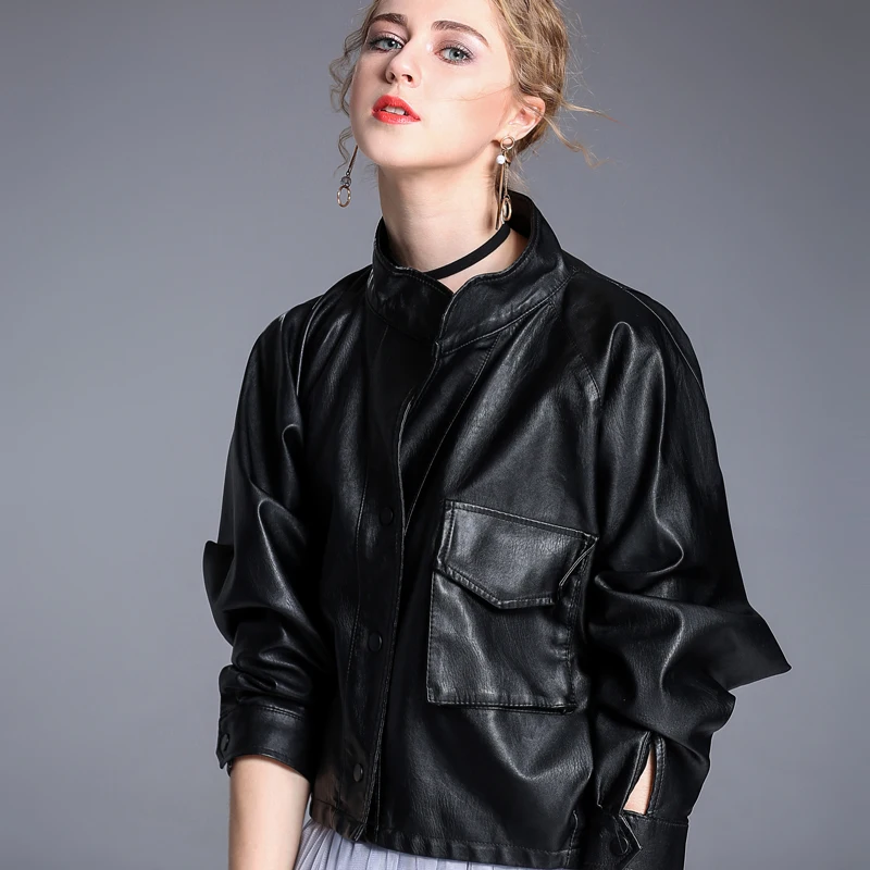 

Куртка женская из экокожи, однотонная Байкерская короткая моющаяся куртка на молнии в стиле панк, мягкое пальто