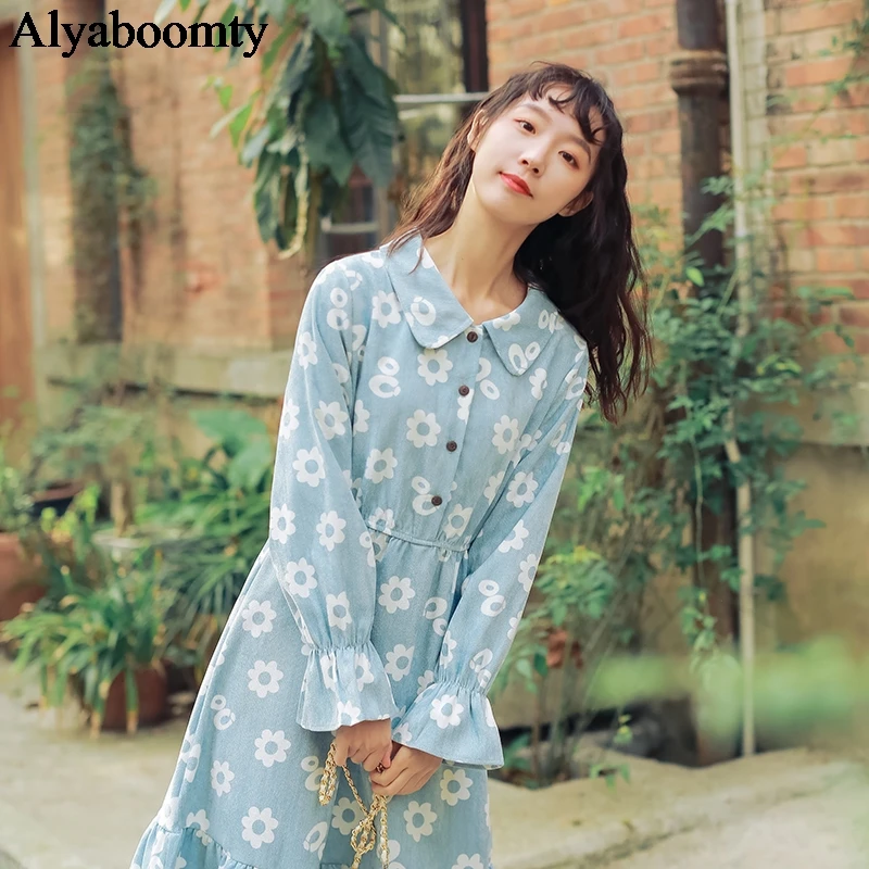 Женское вельветовое платье с отложным воротником и цветочным принтом | Женская