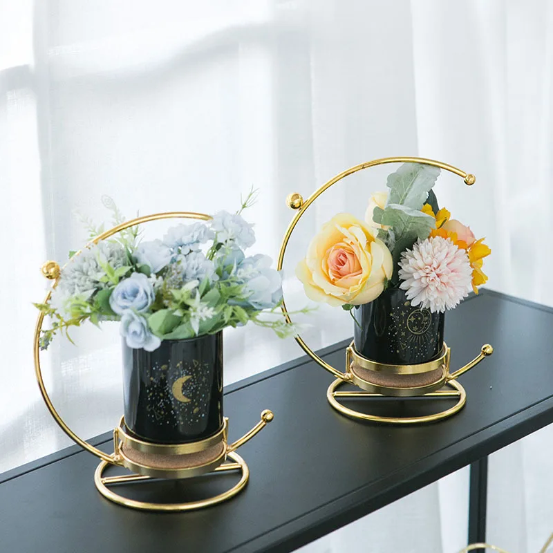 Ceramic Moon Succulent Pot Northern Europe Style Balcony Artificial Flower Vase With Golden Iron Holder Green Plant | Дом и сад
