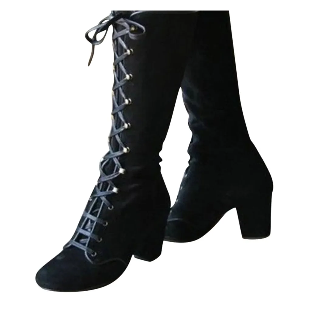 Women Long Boots Casual Lace Up Autumn Winter Thigh High Boots Botas Mujer Footwear Retro Mid-Calf Boots Thick Heels Shoes#930