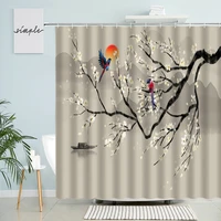 chinese japanese floral shower curtain flowerbird branch ink painting art bathroom decor with hook waterproof polyester screen