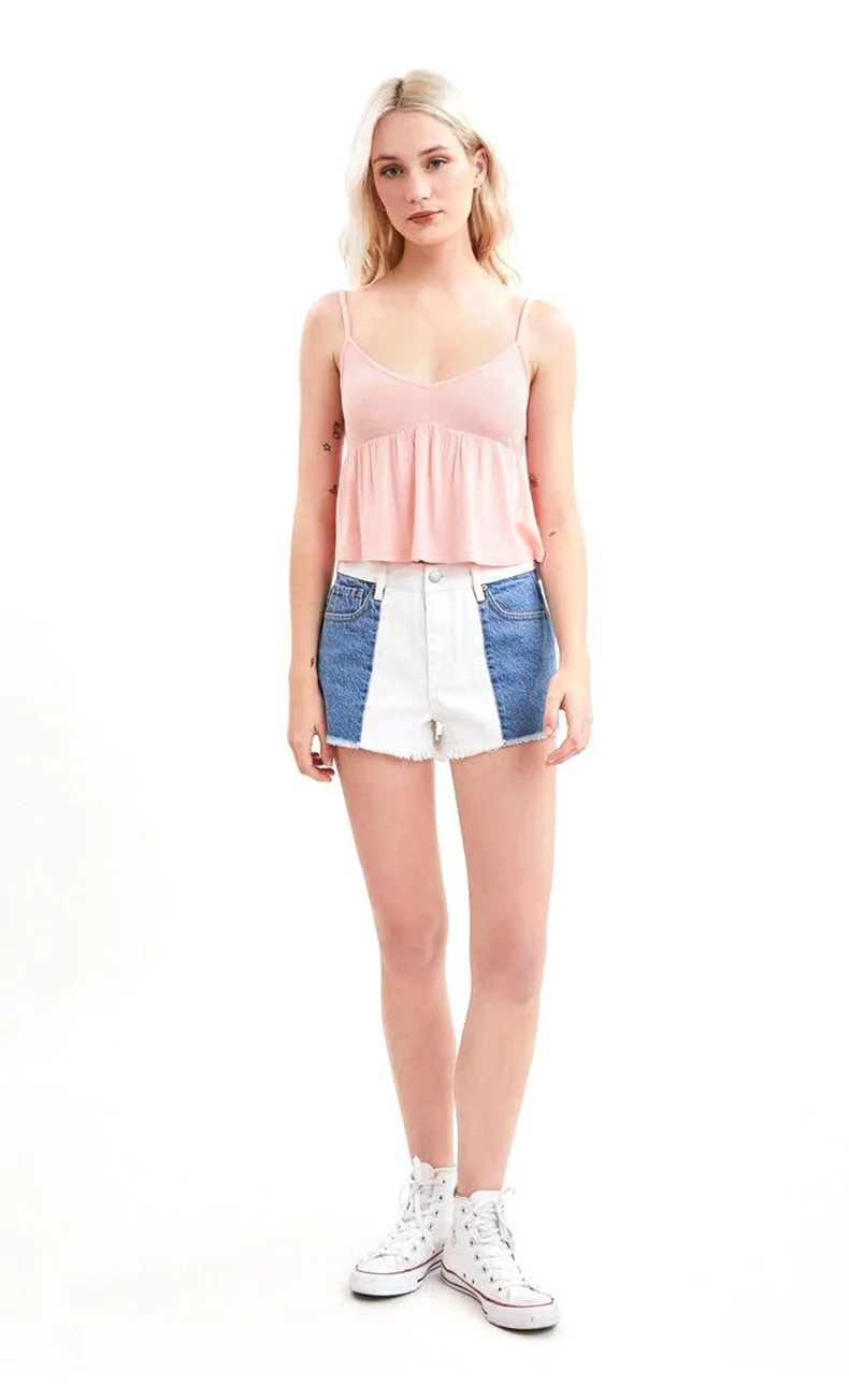 

Contrast Colors Women Girls Summer Jeans Shorts Fashion Patchwork High Waist Ripped Pockets Straight Denim Shorts Newest 2021