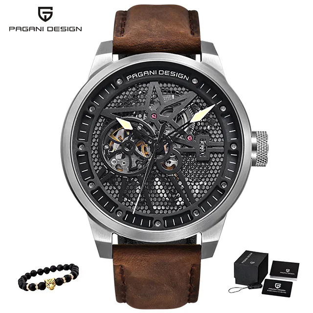 Модный Роскошный бренд Pagani кожаный Tourbillon часы Автоматические Мужские часы Мужские механические стальные часы Relogio Masculino+ коробка - Цвет: L-silver black