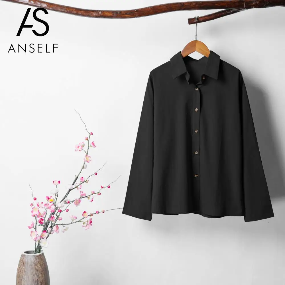 

Осенняя Женская винтажная Однотонная рубашка с отложным воротником и длинными рукавами на пуговицах, свободная верхняя одежда для работы, ...