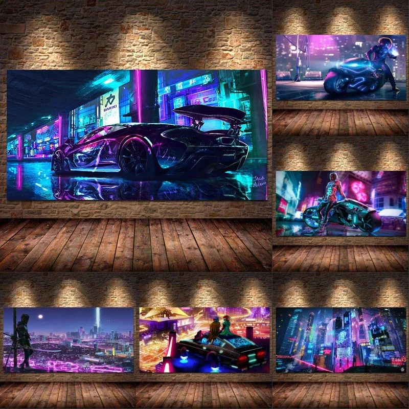 

Vehicle Motorbike and Car Posters and Prints Future City Purple Wall Art Canvas Paintings for Game Room Boys Room Modern Decor