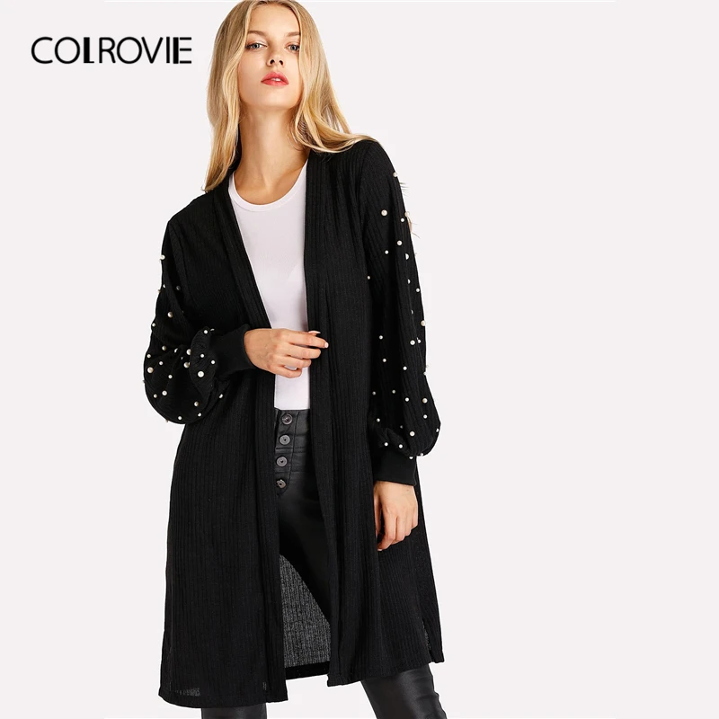 COLROVIE, жемчуг, бисер, рукав-шар, женский, осень, длинный черный свитер, женская верхняя одежда большого размера, одноцветная одежда