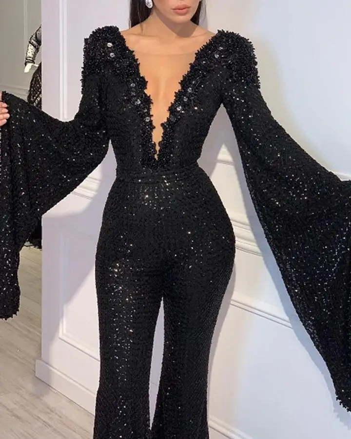 

KALENMOS Woman Jumpsuit Sexy Sequined V-neck Bat Sleeve Party Romper One Piece Outfit Women Club Outfits Fashion 2020 Playsuit