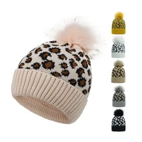 leopard knitted elastic woolen yarn beanie hat women ponytail cap casual warm fur pompom hat for girls autumn winter outdoor