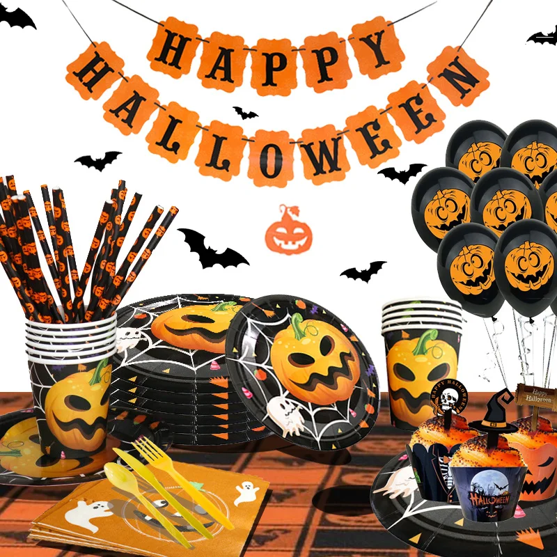 

Halloween Party Disposable Tablewares Paper Plates Cups Banner Decoration Halloween Decoration Supplier