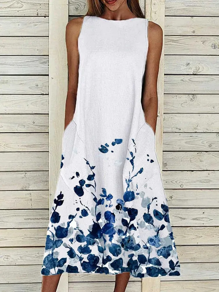

Women Casual Long Dress O Neck Sleeveless Print Floral Patchwork Loose Waist Pockets Big Hem Vestidos Feminino Hot Summer 2021