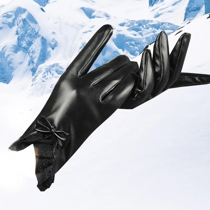 

Женские бархатные кожаные перчатки с кружевом и бантом