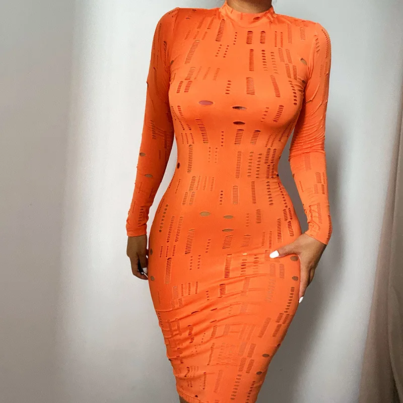 

Echoine Autumn Long Sleeve Hollow Out Hole Midi Dress Skinny Fitness Sexy Dresses Ladies Party Night Clubwear Vestido Black