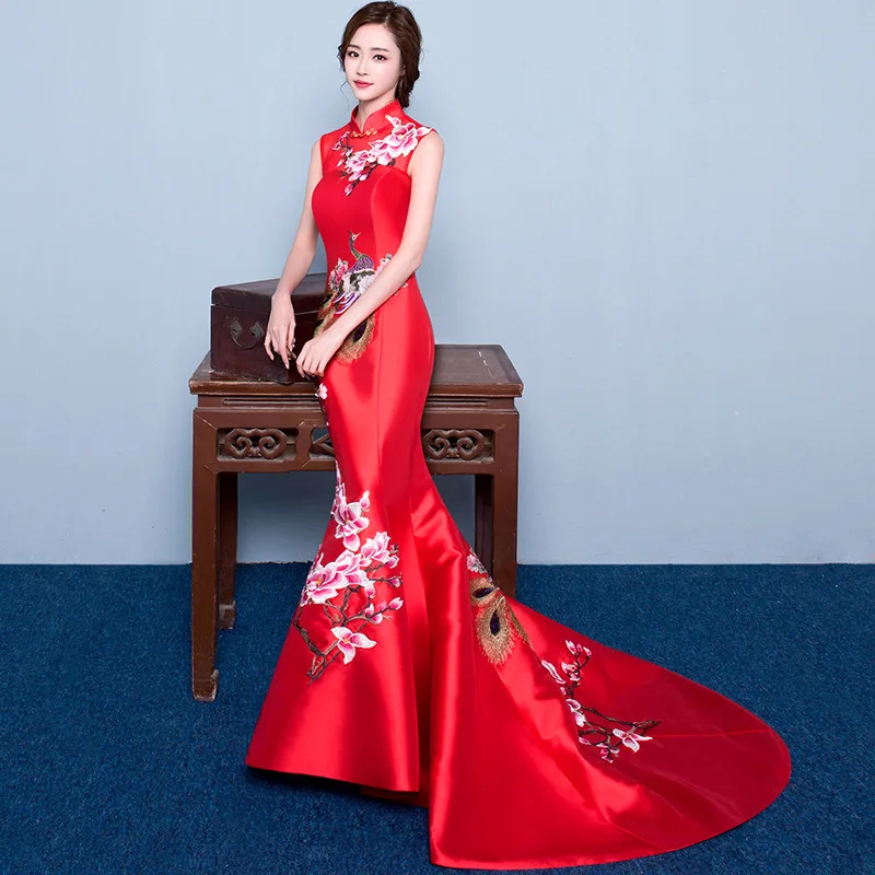 

Сексуальные китайские вечерние платья qipao цветок Павлин Вышивка Qipao длинное Cheongsam свадебное платье в восточном стиле размер S-XXL