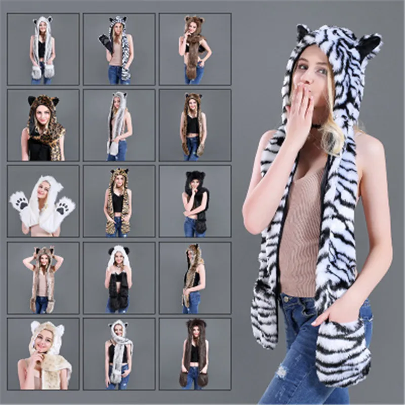 Модная зимняя хлопковая шапка из искусственного меха милая с животным узором