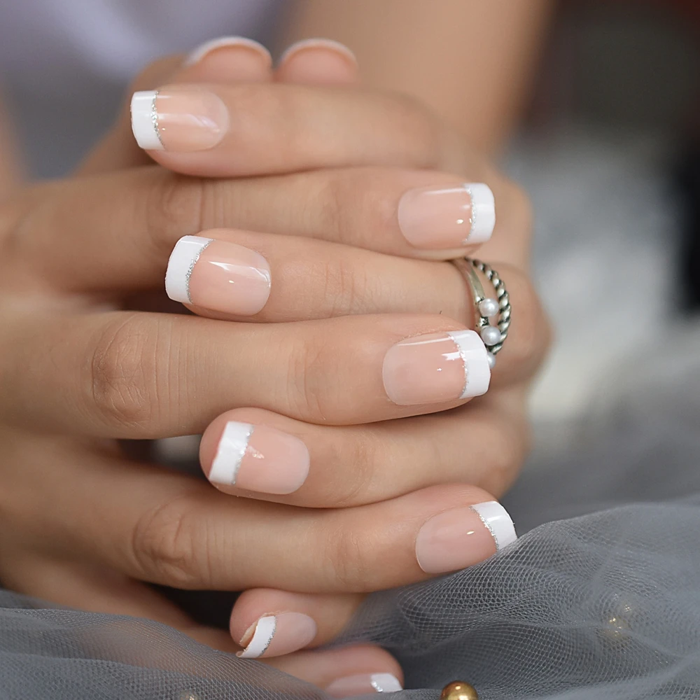 Medium Round French Nail Natural Sliver Boundary Press On Finger Nails Jelly Simple Daily Acrylic Tips 24Pcs | Красота и здоровье