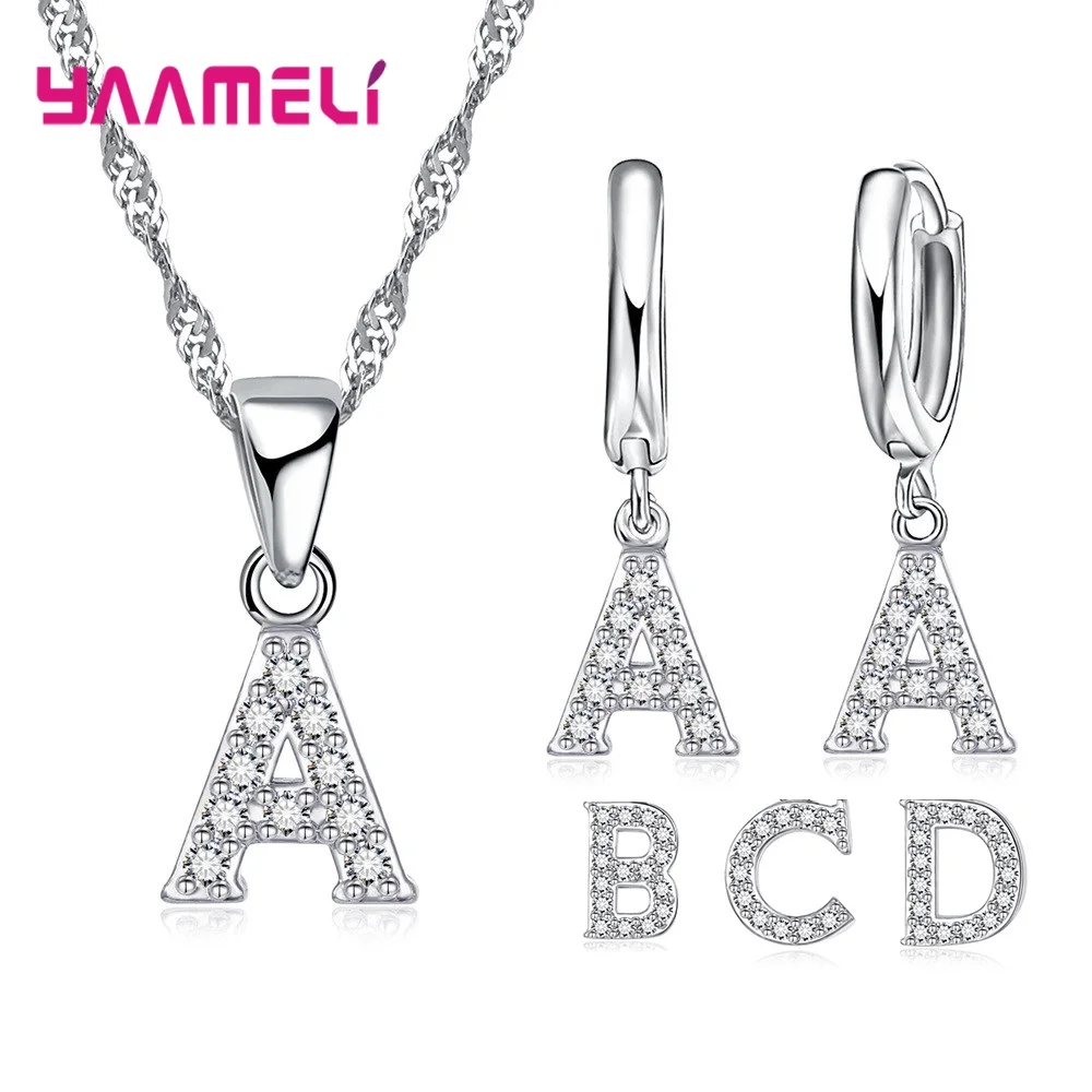 

New Trendy Jewelry Set for Women Birthday Christmas Gift 925 Sterling Silver Cubic Zircon A-Z Letter Alphabet Necklace Earrings