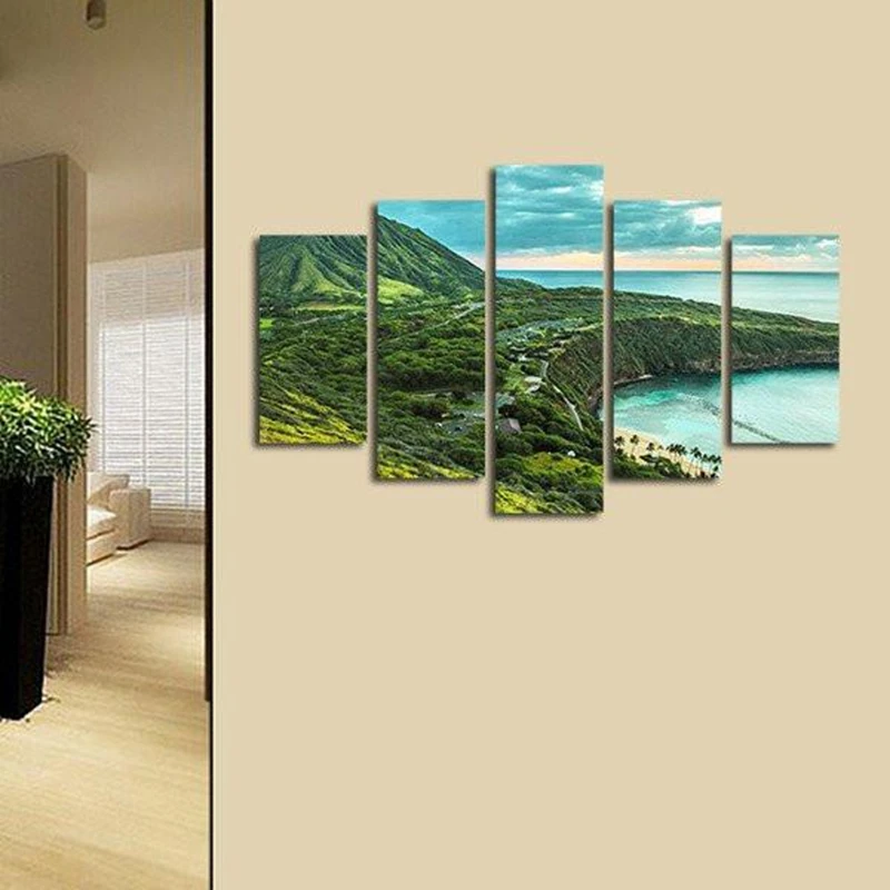 HD Printed Modular Canvas Posters Framework 5 Pieces Green Mountains Sea Landscape Paintings Decor Modern Wall Room Art Pictures | Дом и сад