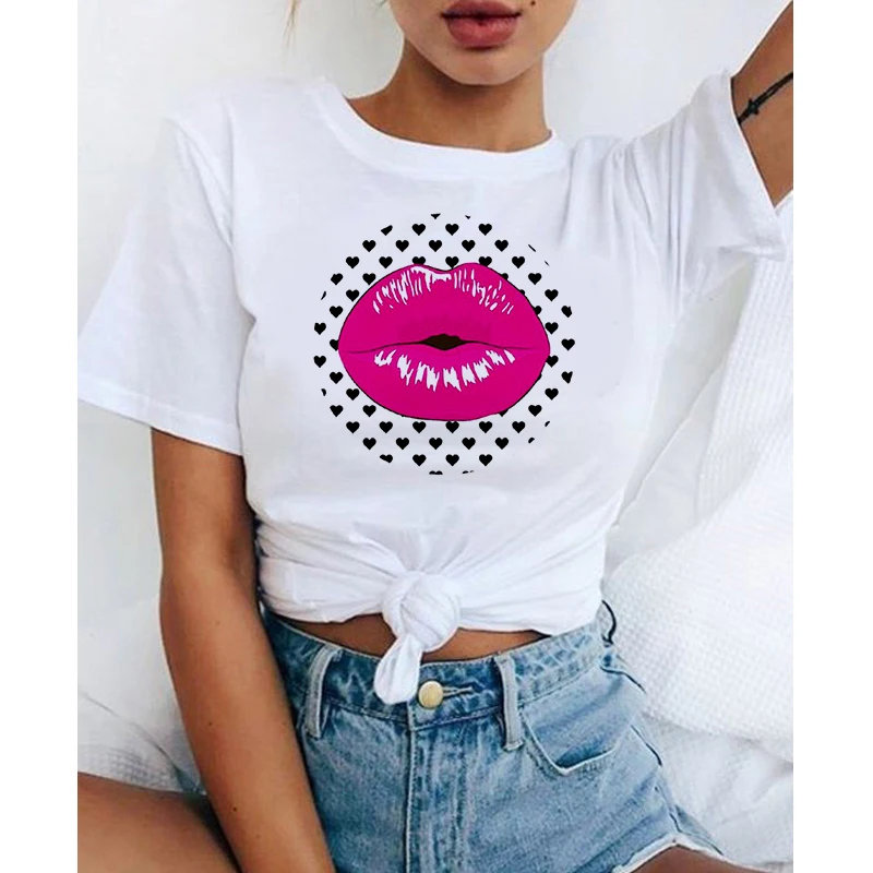 

Harajuku T-shirt summer new top red lips kiss print women's T-shirt funny O-collar T-shirt Femme fashion