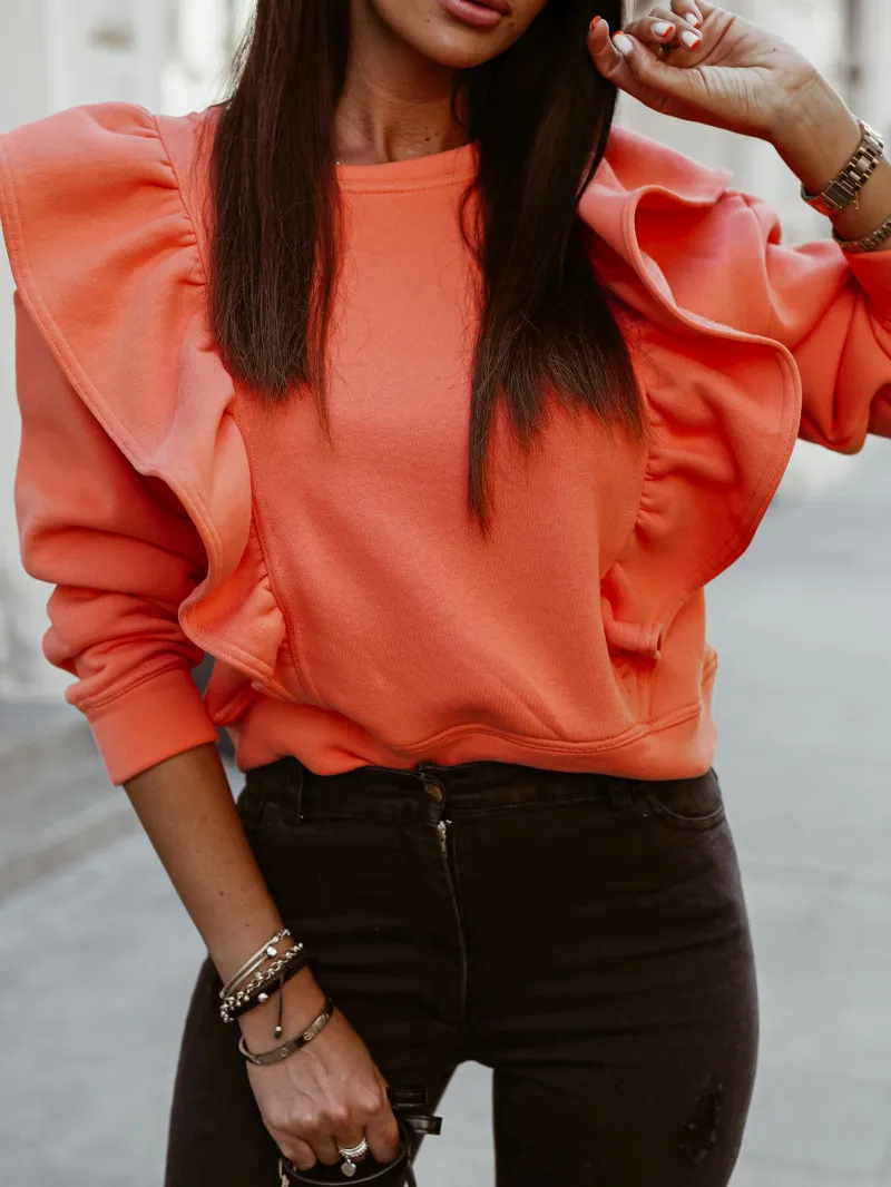 

New Fried Street Long-sleeved Women's Round Neck Ruffled Stitching Thickened Sweater Hooded Sleeve Style Sleeve Length(cm) Type
