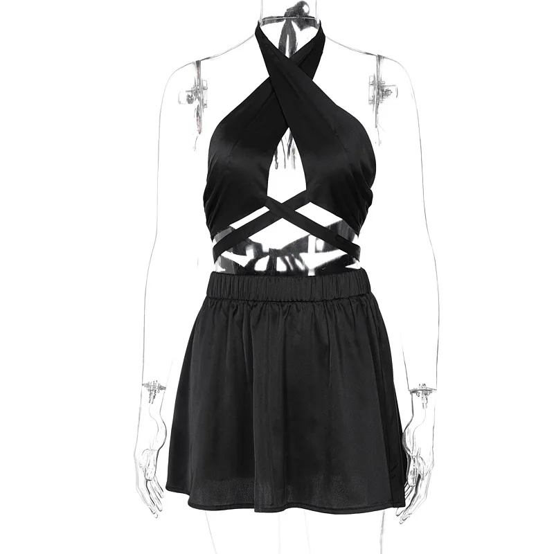 

2021 Summer Women New Sleeveless Cross Straps Halter Neck Street Hipster Vest Short Skirt Set