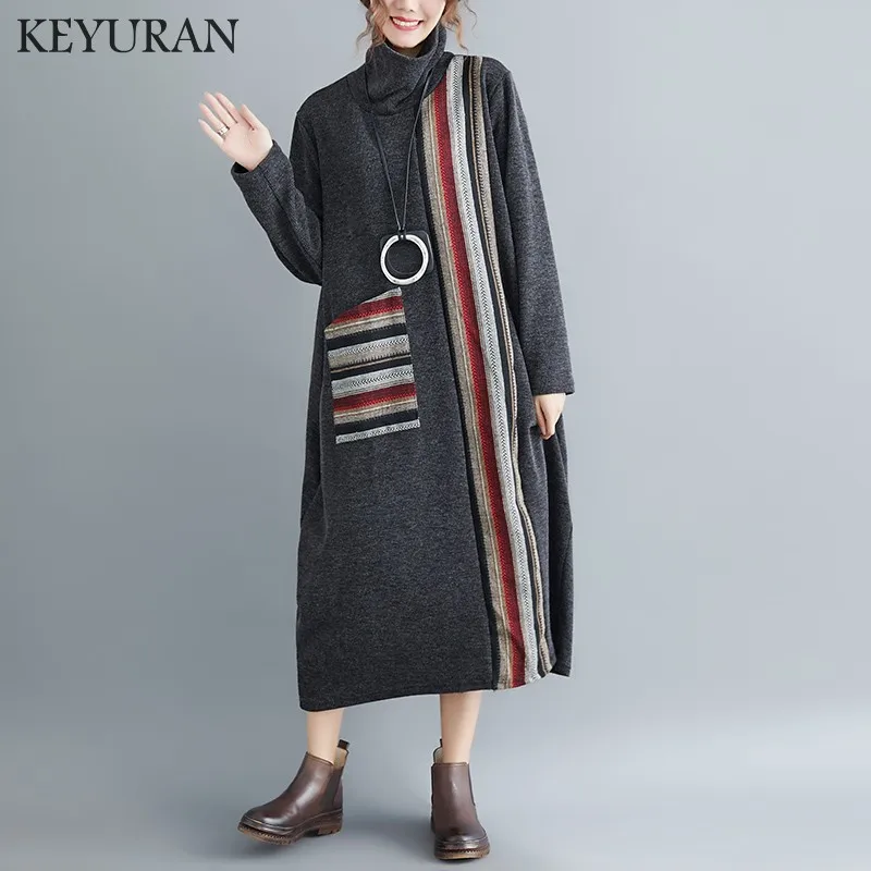 Осенне-зимнее женское пальто платье с длинным рукавом свободное Полосатое