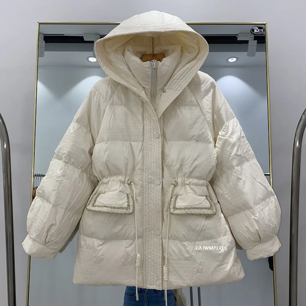 

2022 Winter New Fashion Women Hooded 90% White Duck Down Coats Female Tweed pocket Short Puffer Jackets Casual Ladies Outwear