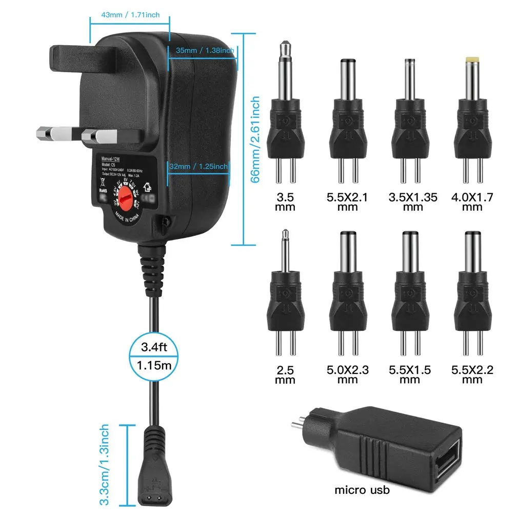 

3-12V 12W Adjustable Power Supply with DC USB Tips Multifunction Charger Portable Voltage Regulator Switch Power Adapter