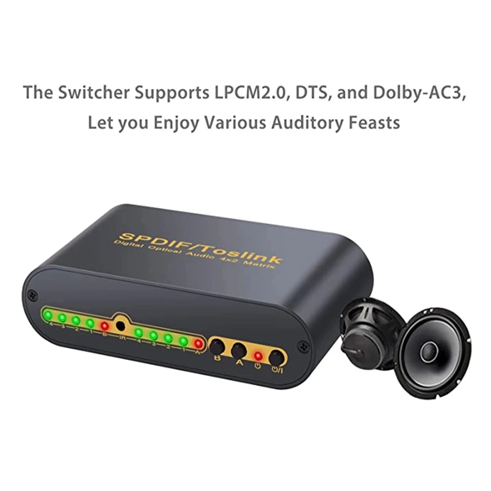 SPDIF Toslink Splitter 4 Ports 4x2 Toslink Digital Optical Audio Switcher Matrix 4 In 2 Out with Optical Cable and IR Remote