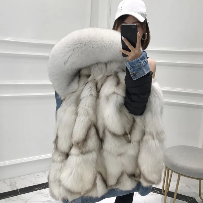 FOX DENIM Black Denim Jacket Katana Trimmed with Natural Fur Woman Parkas 2021 New Fashion Real Fox Fur Coat Oversized Fur Hood
